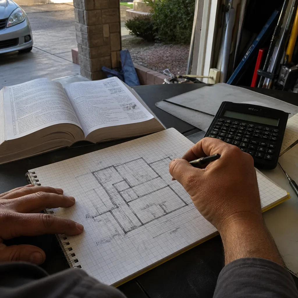 Designer sketching an ADU floor plan for permitting and construction