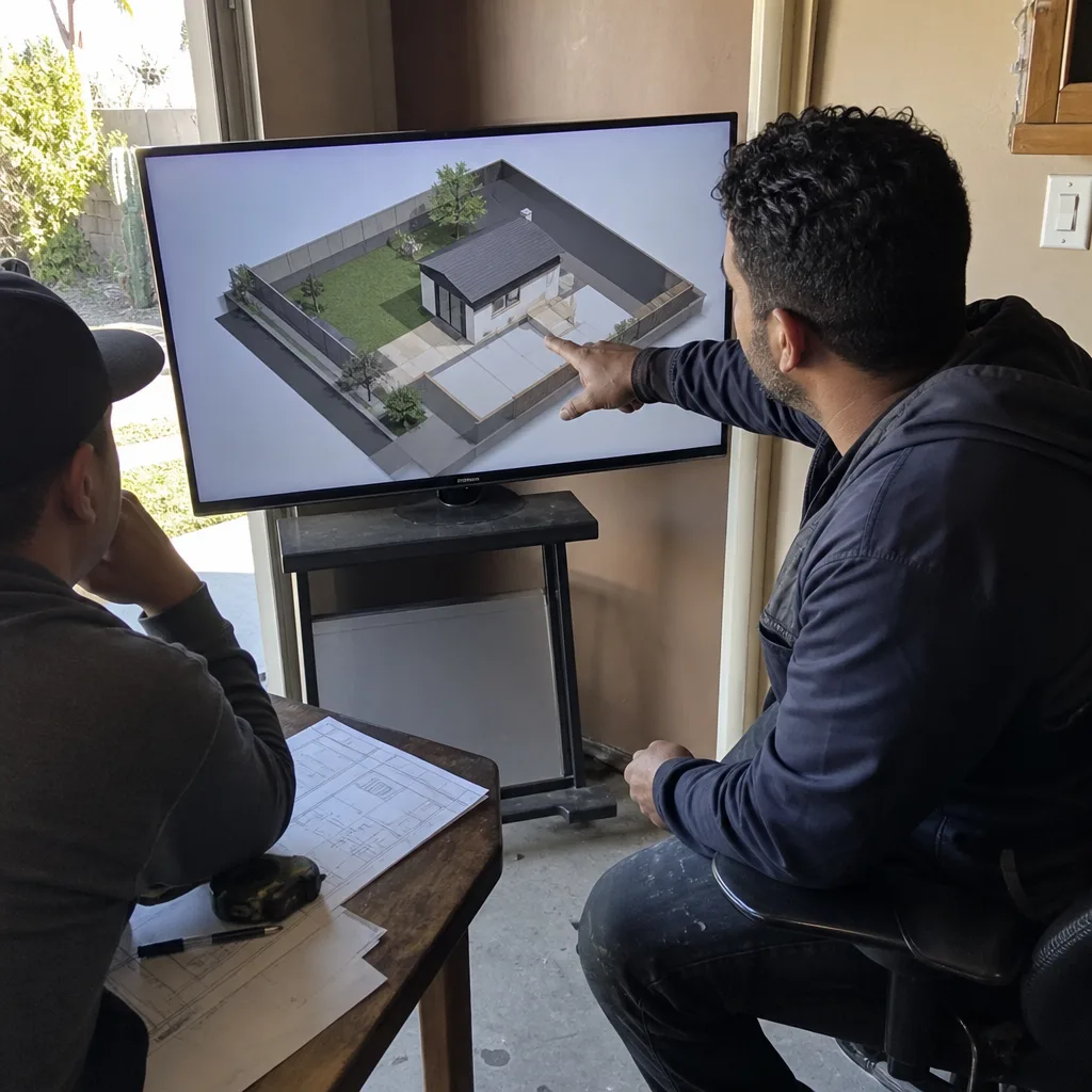 Architects reviewing 3D ADU design and site plan on a monitor