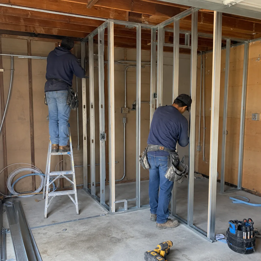 Contractors framing steel wall studs during a garage conversion ADU construction.