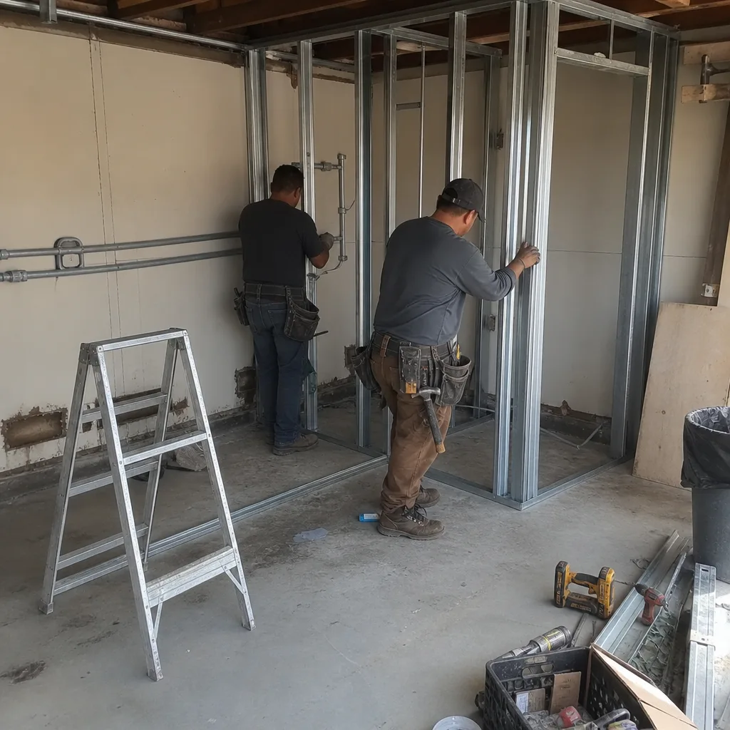 Contractors installing metal framing for a garage conversion ADU project