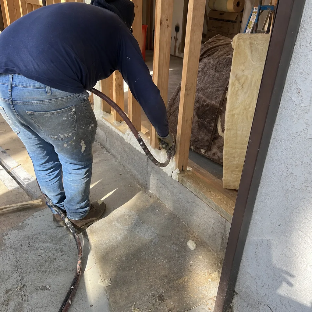 Contractor applying spray foam insulation during a professional garage conversion project