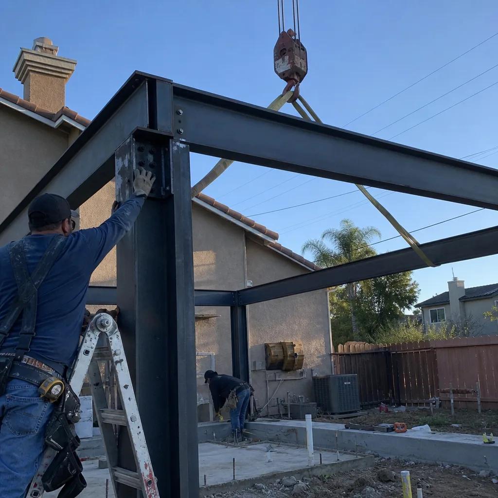 construction worker installing steel beams for a new detached ADU structure