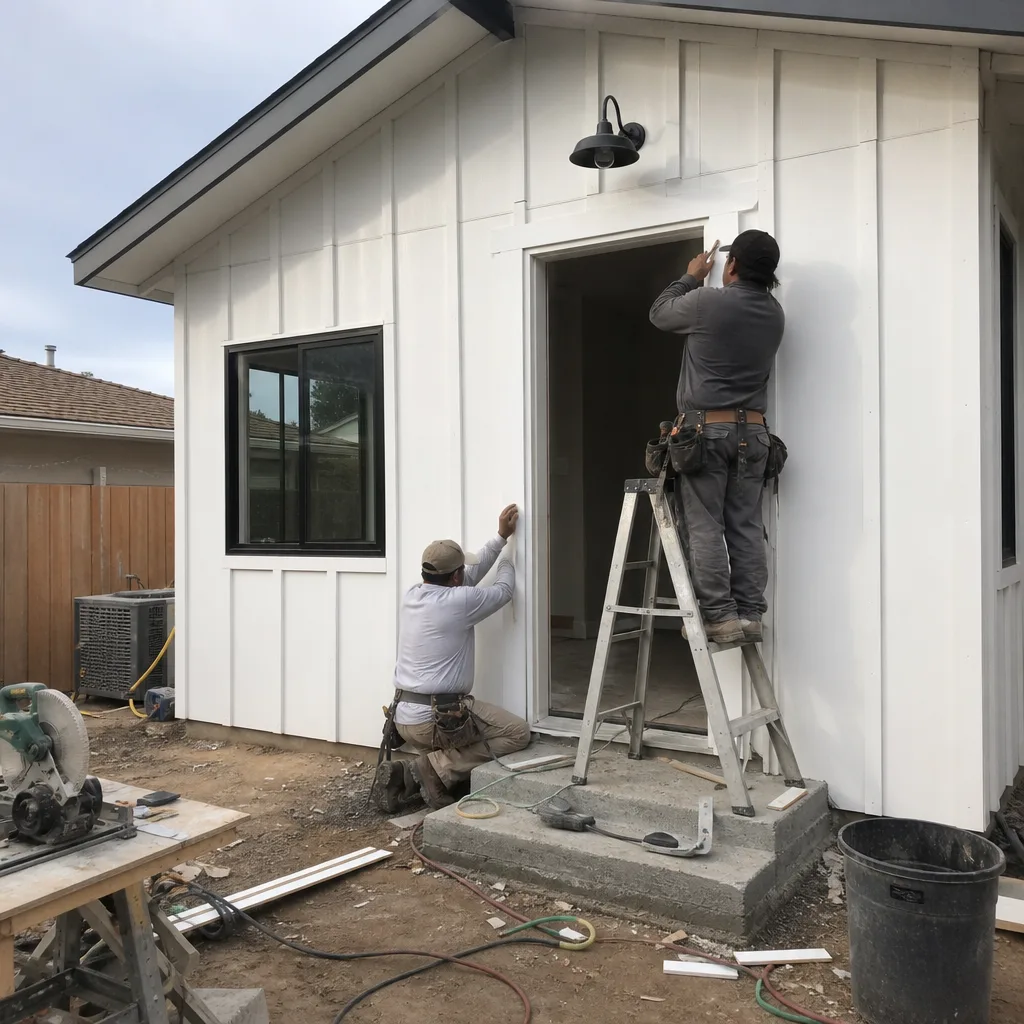 Two construction workers installing door trim on a white detached ADU