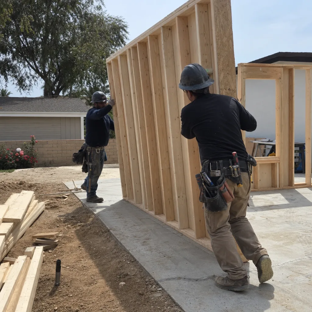 Two construction workers installing the wooden frame of a new detached ADU